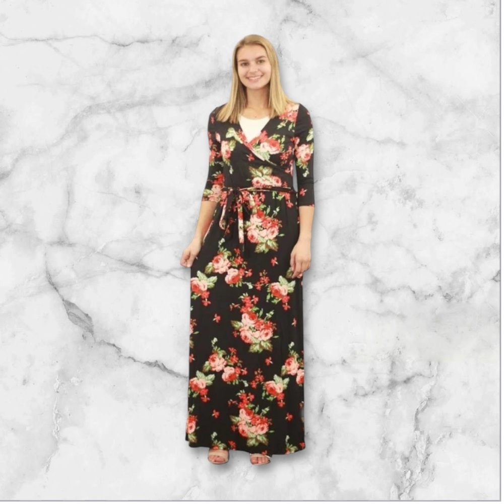 Wanna B black floral print stretchy knit 3/4 sleeve maxi belted wrap dress large